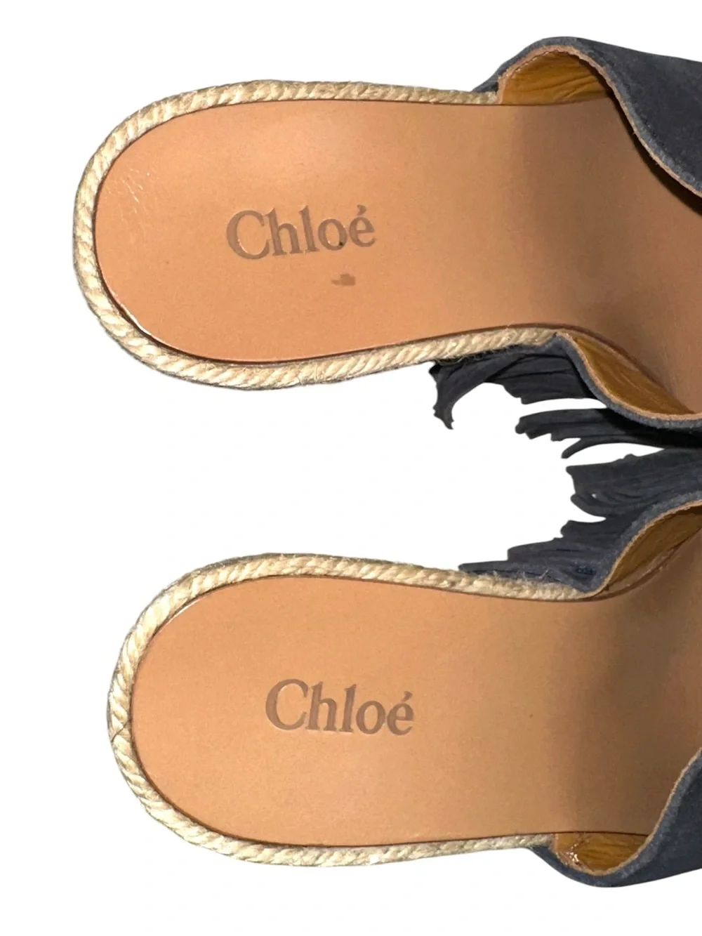 Chloe Estel Navy Suede Fringe Espadrille Wedge Sandals 37